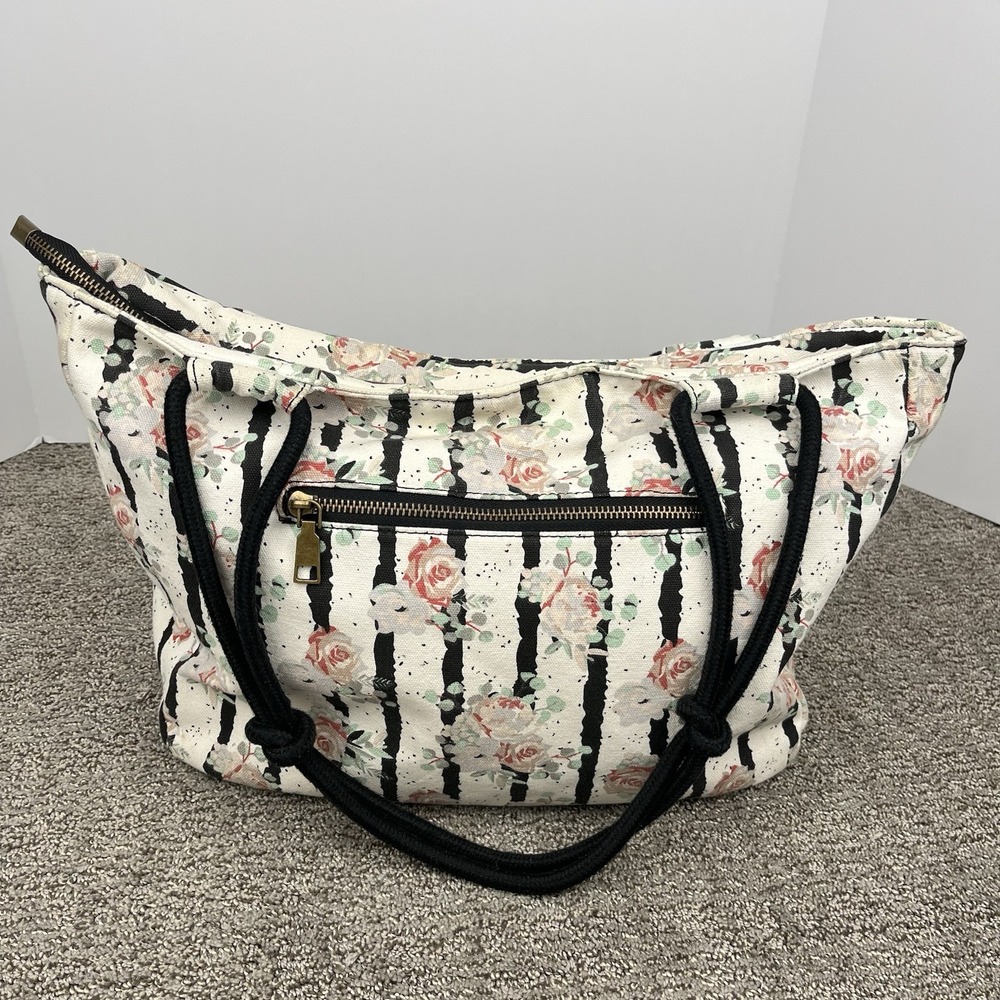 Farmhouse Is My Style Off White Floral Tote‎ Bag Black Rope Handles Zipper Purse - Picture 7 of 10
